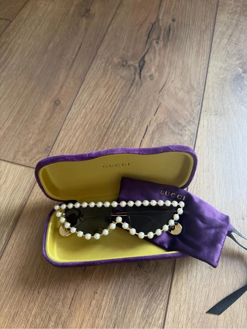 Gucci Pearl-Trim Cat Eye Sunglasses - Purple/Gold